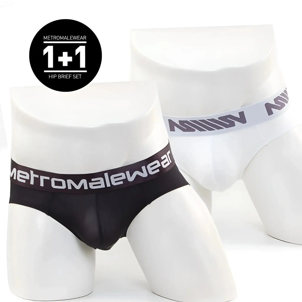 Black and white metromalewear microfiber hip briefs with branded elastic waistbands in a 2 pack