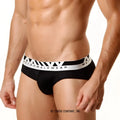 Black mens microfiber hip briefs with white metromalewear waistband and triangular patterns model 5003-20