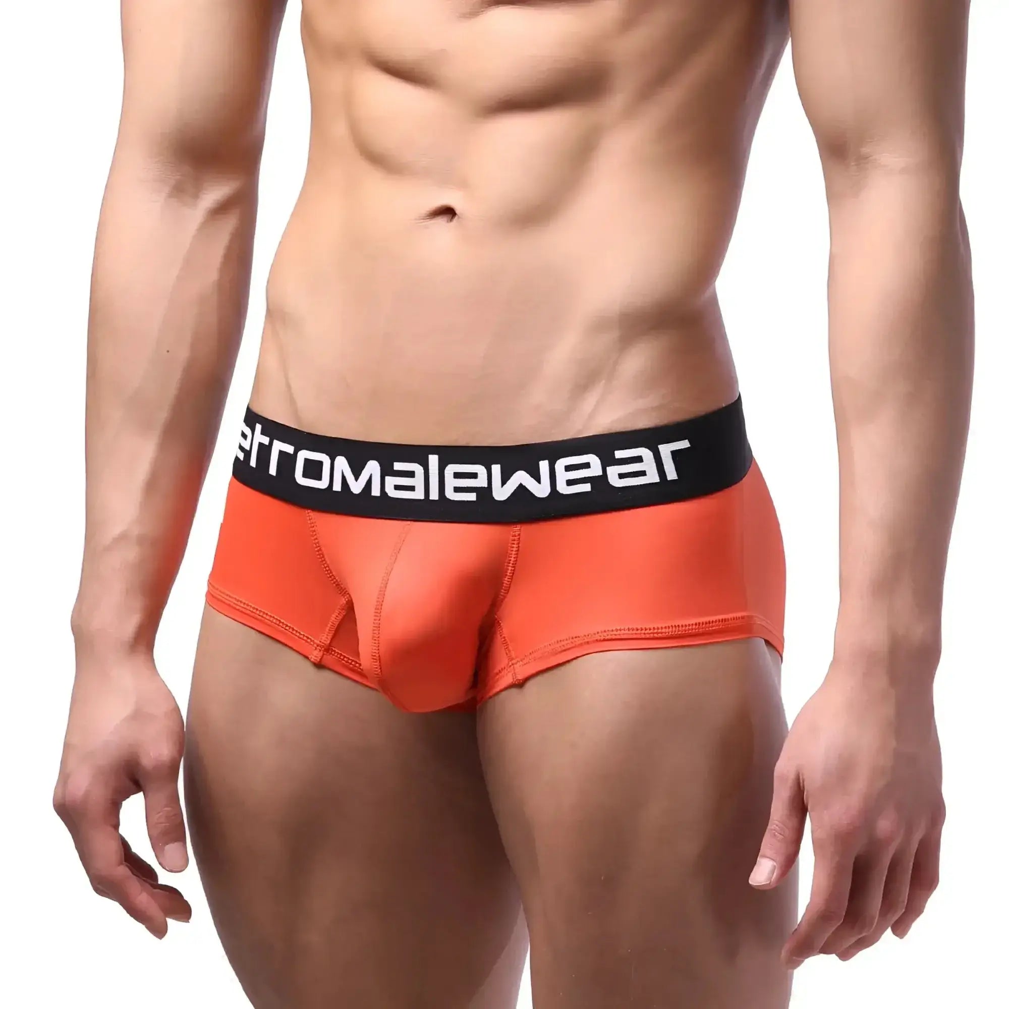 Bright orange microfiber men’s briefs with black waistband and metromalewear logo in white lettering coral 7013-13