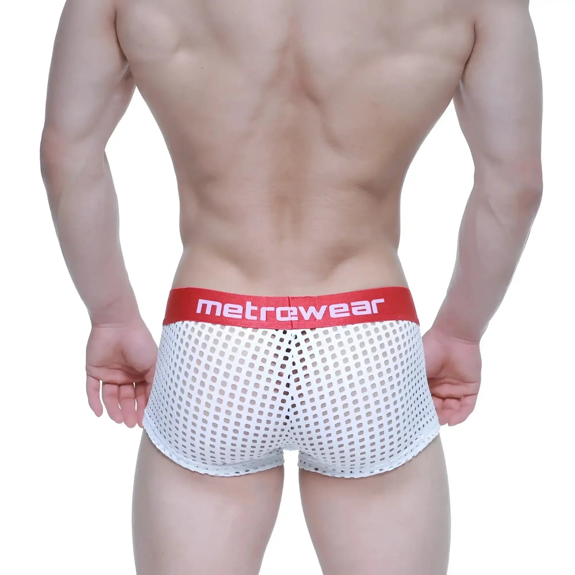 White mesh briefs with a red metrowear logo waistband from MetroMaleWear mild short boxer 2026-67 product lineup