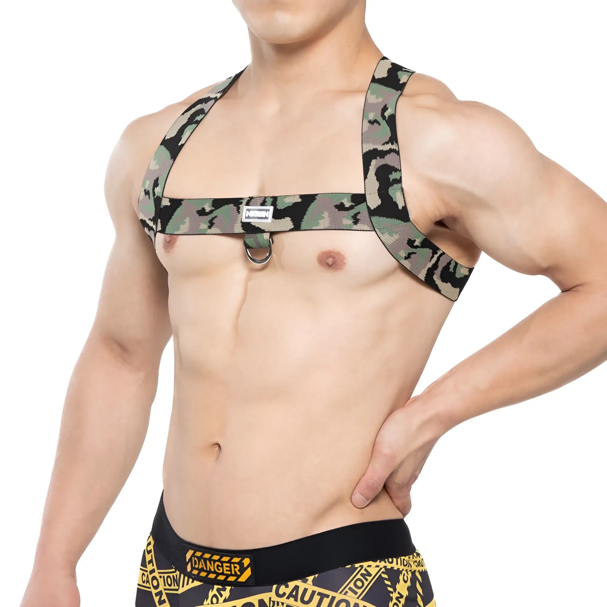 Camouflage patterned metro malewear military harness in black and green made of stretchy fabric material