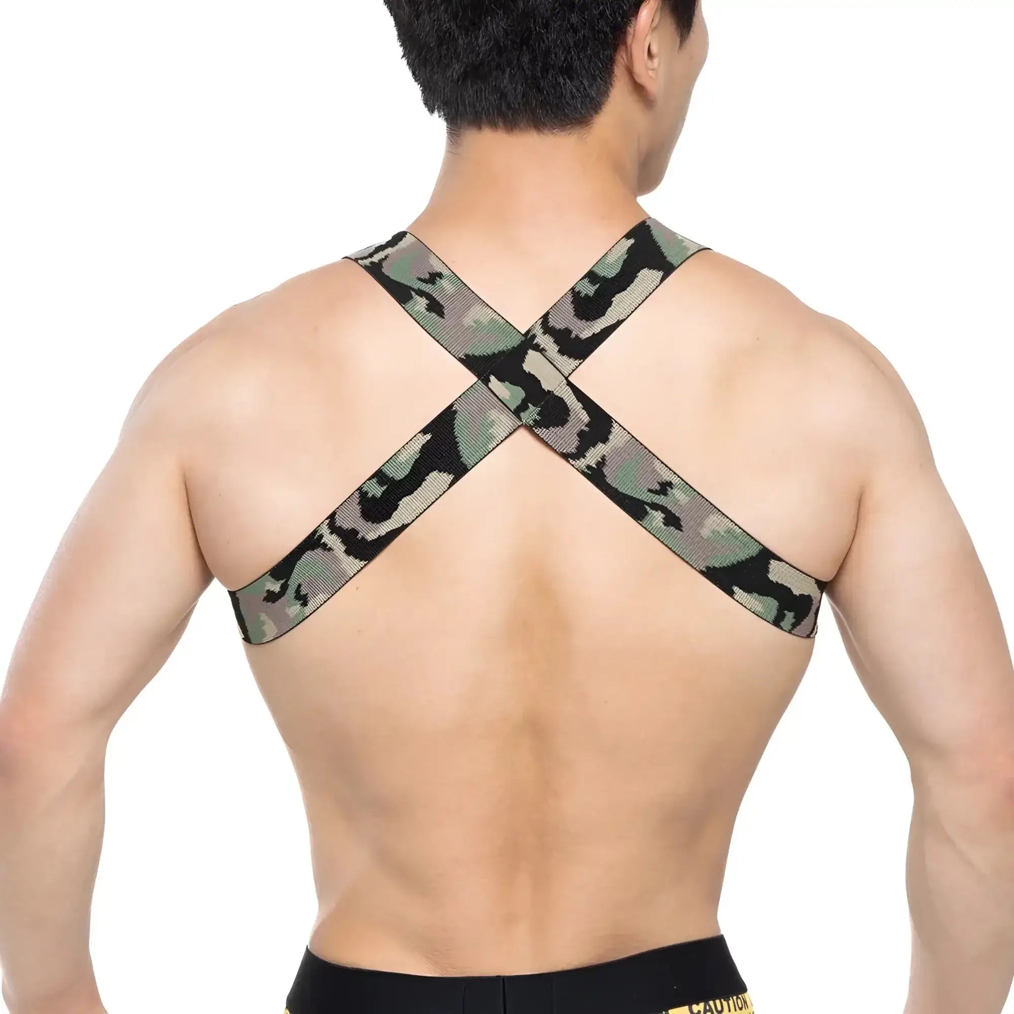 Back view of metromalewear military harness 1400-60 with camouflage-patterned elastic straps across the back