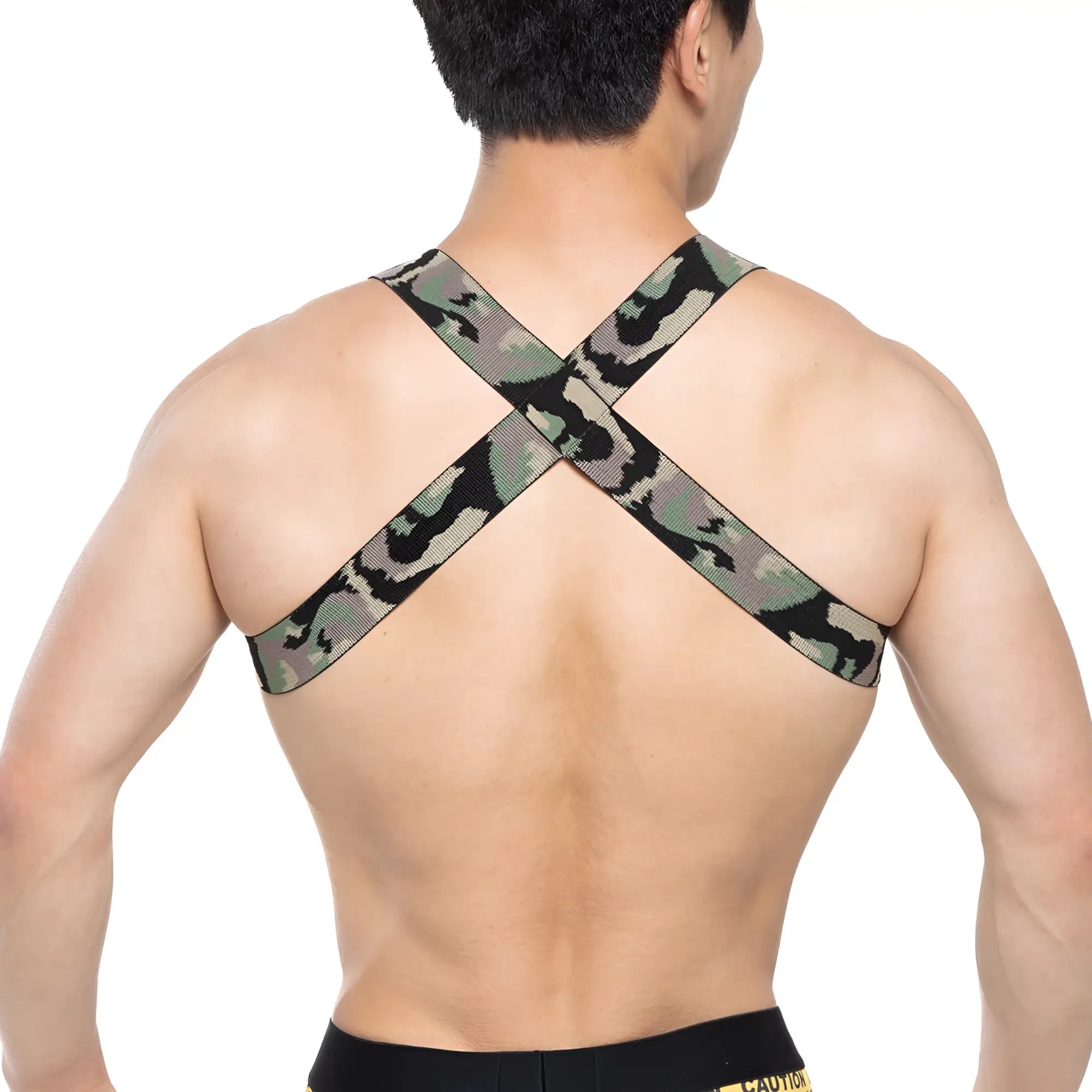 Back view of metromalewear military harness 1400-60 with camouflage-patterned elastic straps across the back
