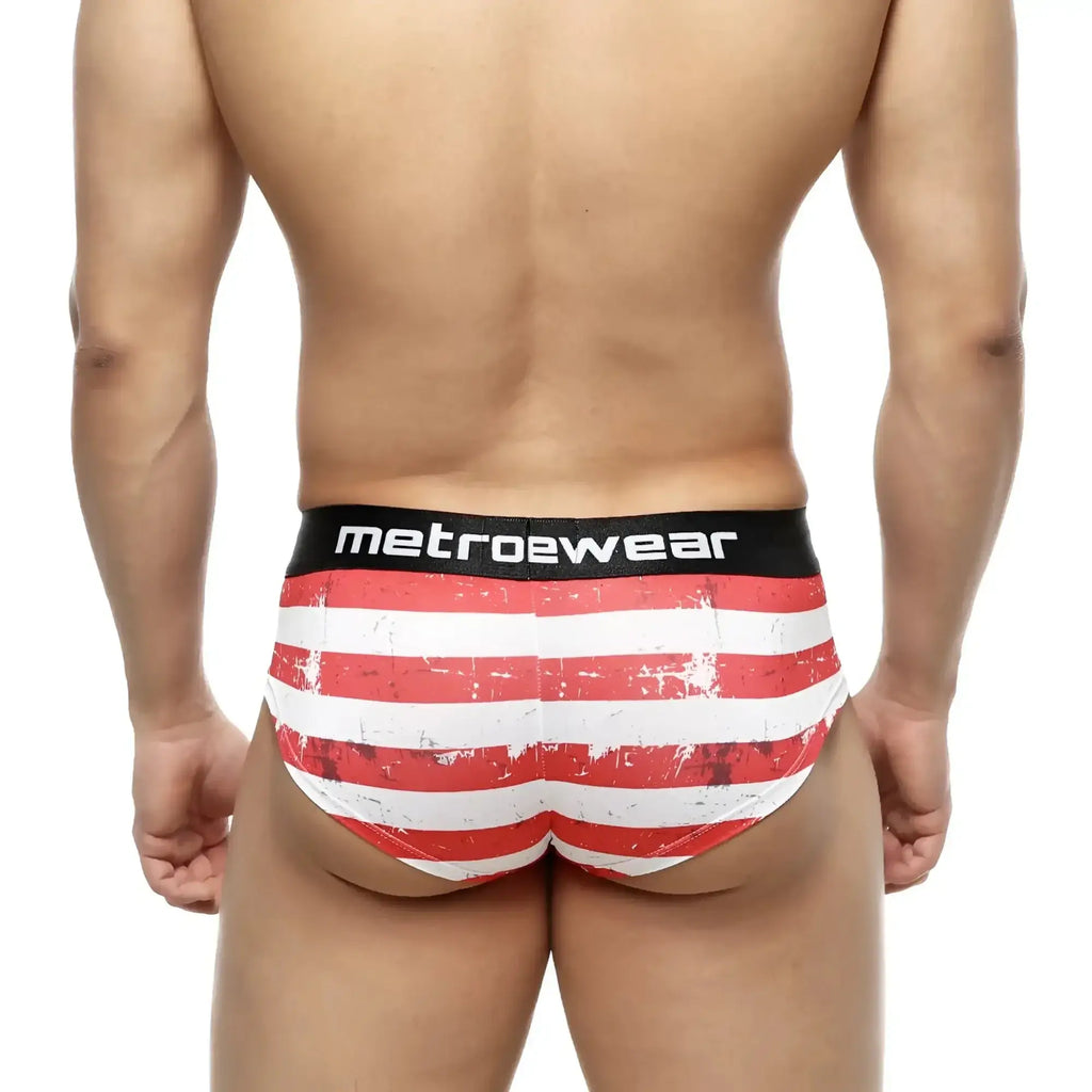 Red and white striped men’s briefs with distressed design and metroewear branded black waistband