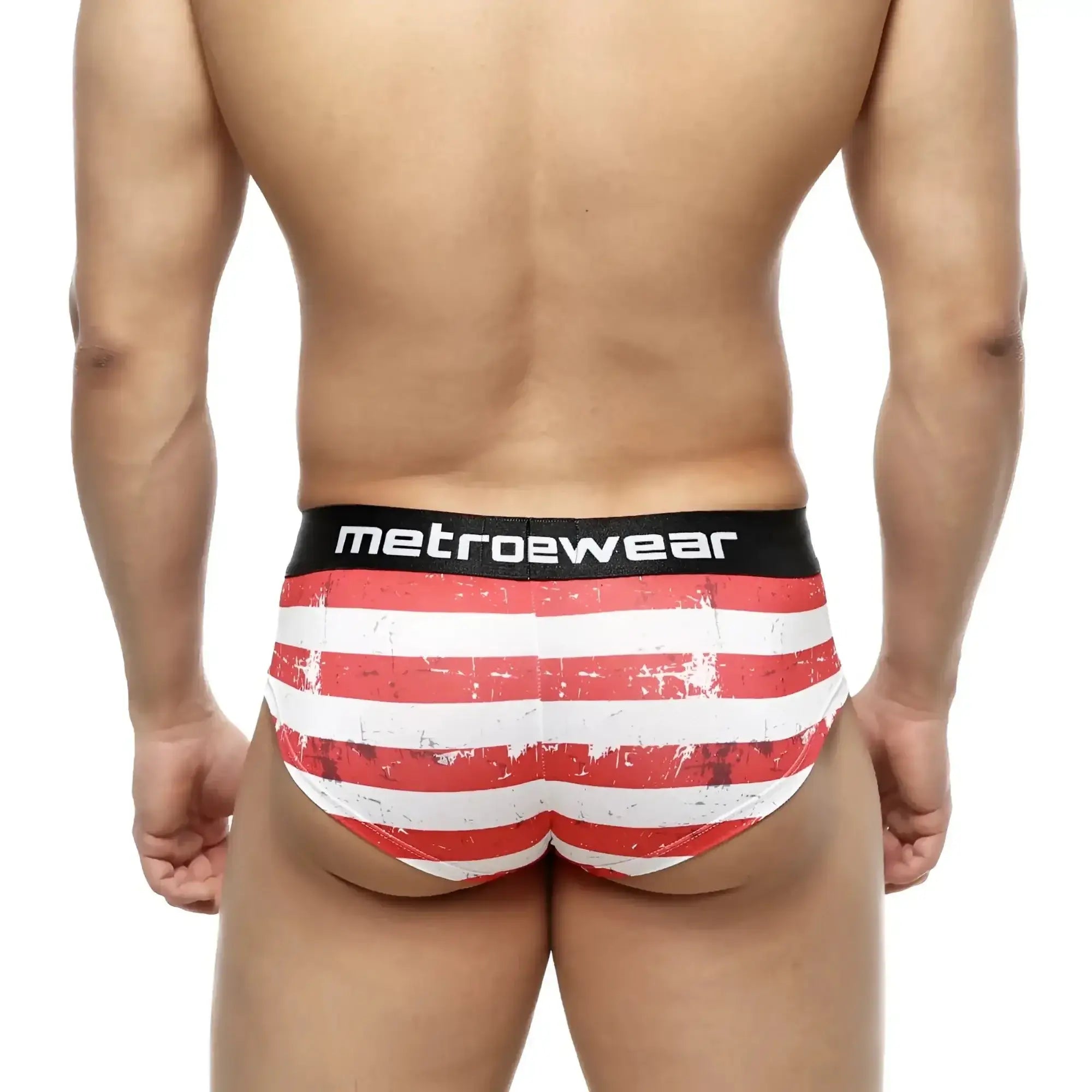Red and white striped men’s briefs with distressed design and metroewear branded black waistband