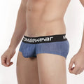Blue denim textured men’s briefs with black elastic waistband featuring white momalewear branding metroMalewear 2025-55