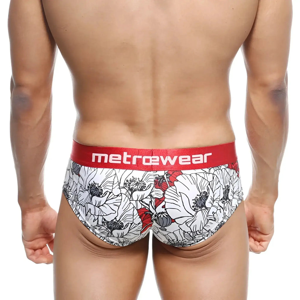 White and red floral patterned mens briefs with bold red metrewear waistband metro male wear mini cheek boxer escobar 2025 03