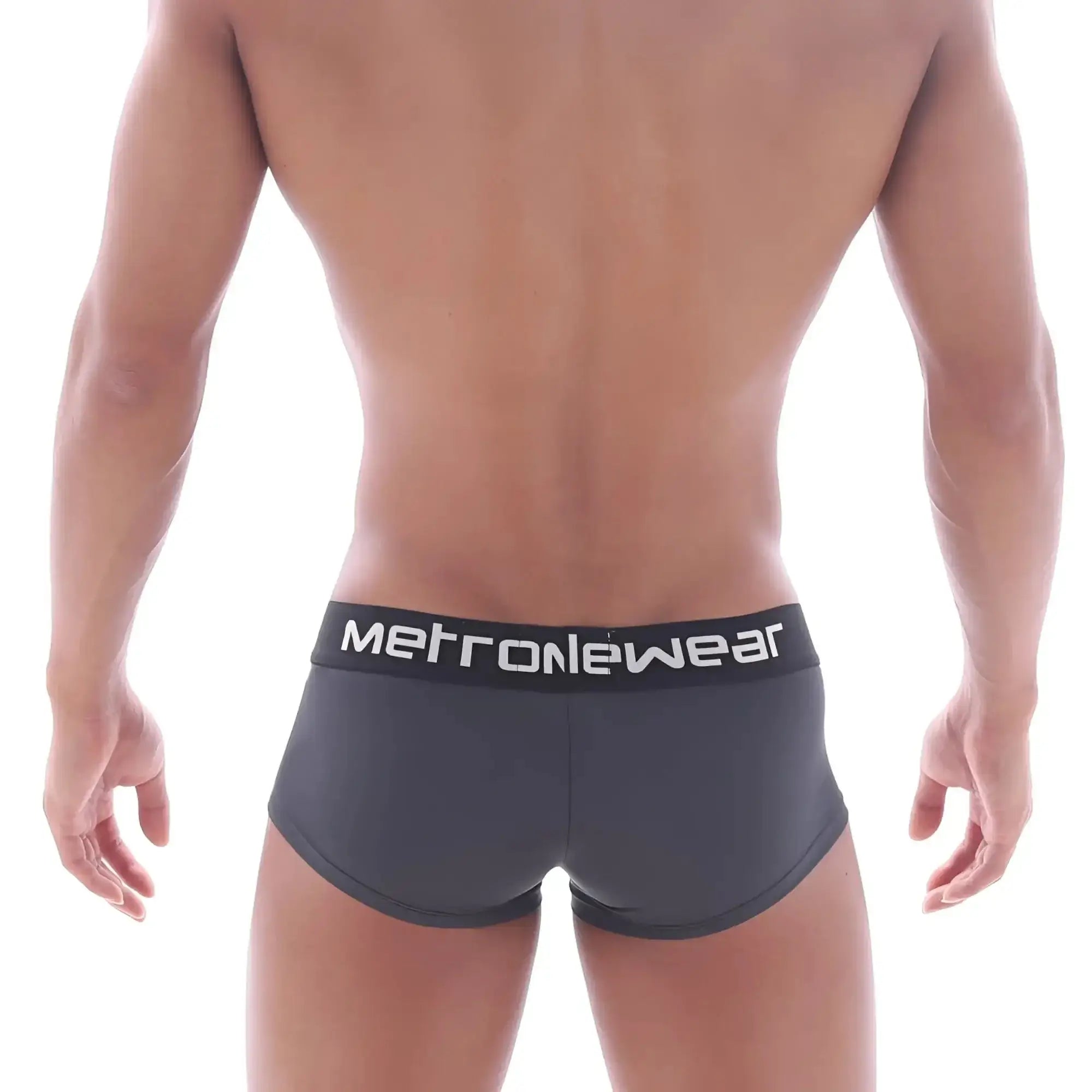 Dark gray metronewear briefs with black waistband and white lettering from MetroMaleWear Mini Cheek Boxer Twilight 2025-11