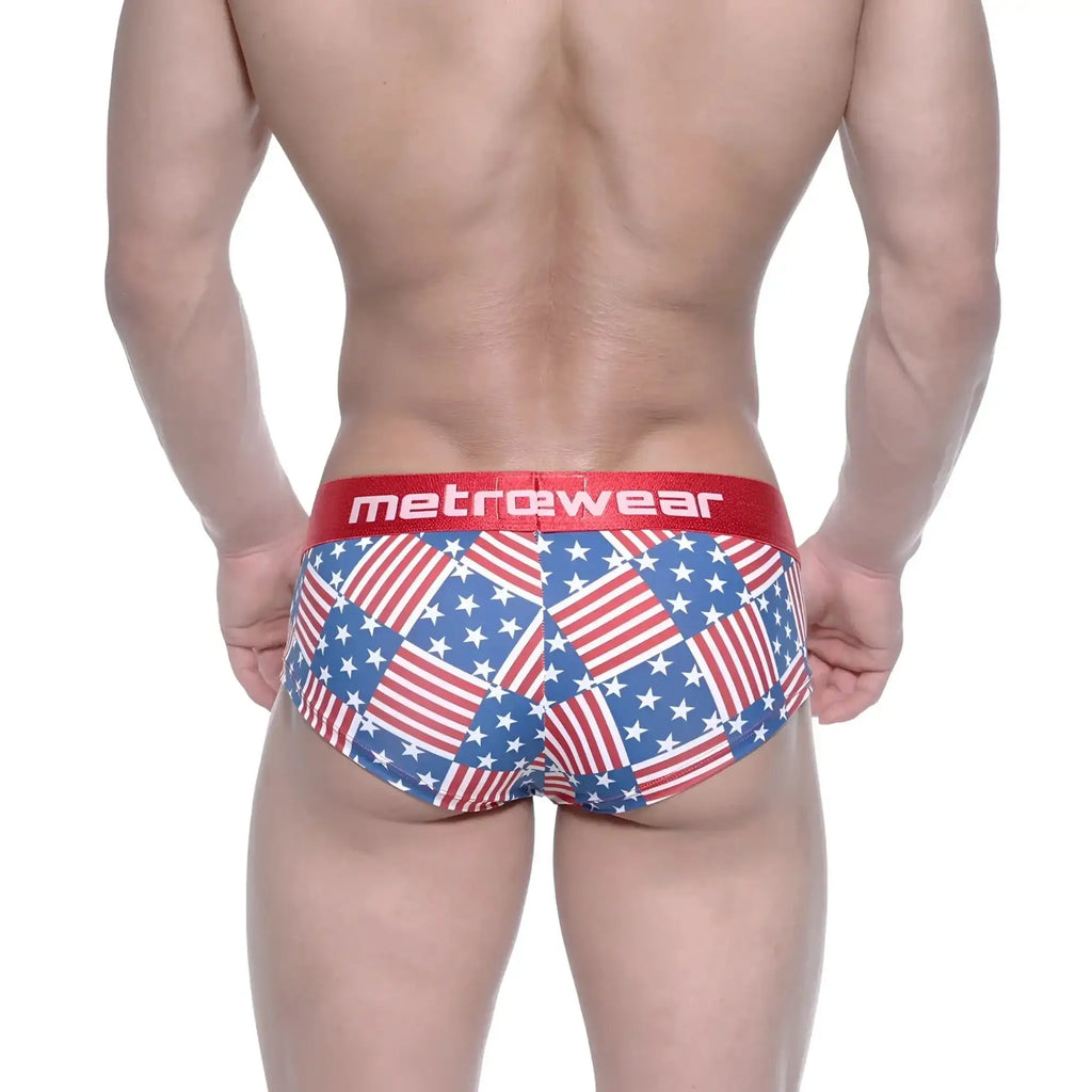 MetroMaleWear mini cheek boxer USA 2025-91 briefs with red white and blue american flag patchwork and red metrowear waistband