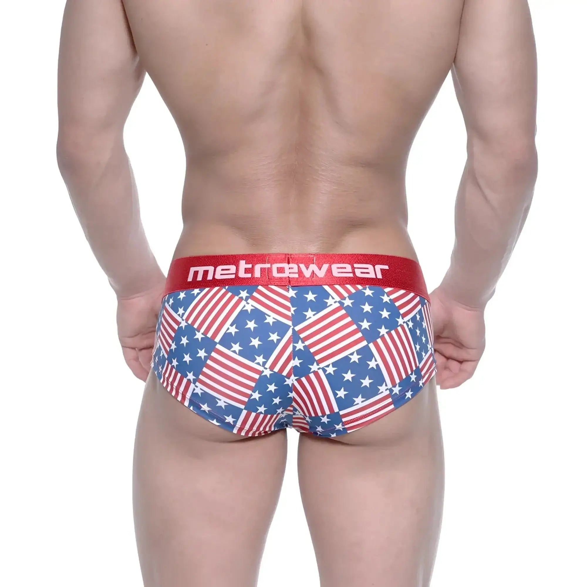 MetroMaleWear mini cheek boxer USA 2025-91 briefs with red white and blue american flag patchwork and red metrowear waistband
