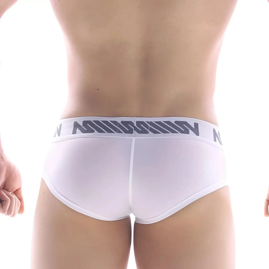 White briefs with gray logo waistband from metromalewear mini cheek boxer 2025-00 for comfortable daily wear