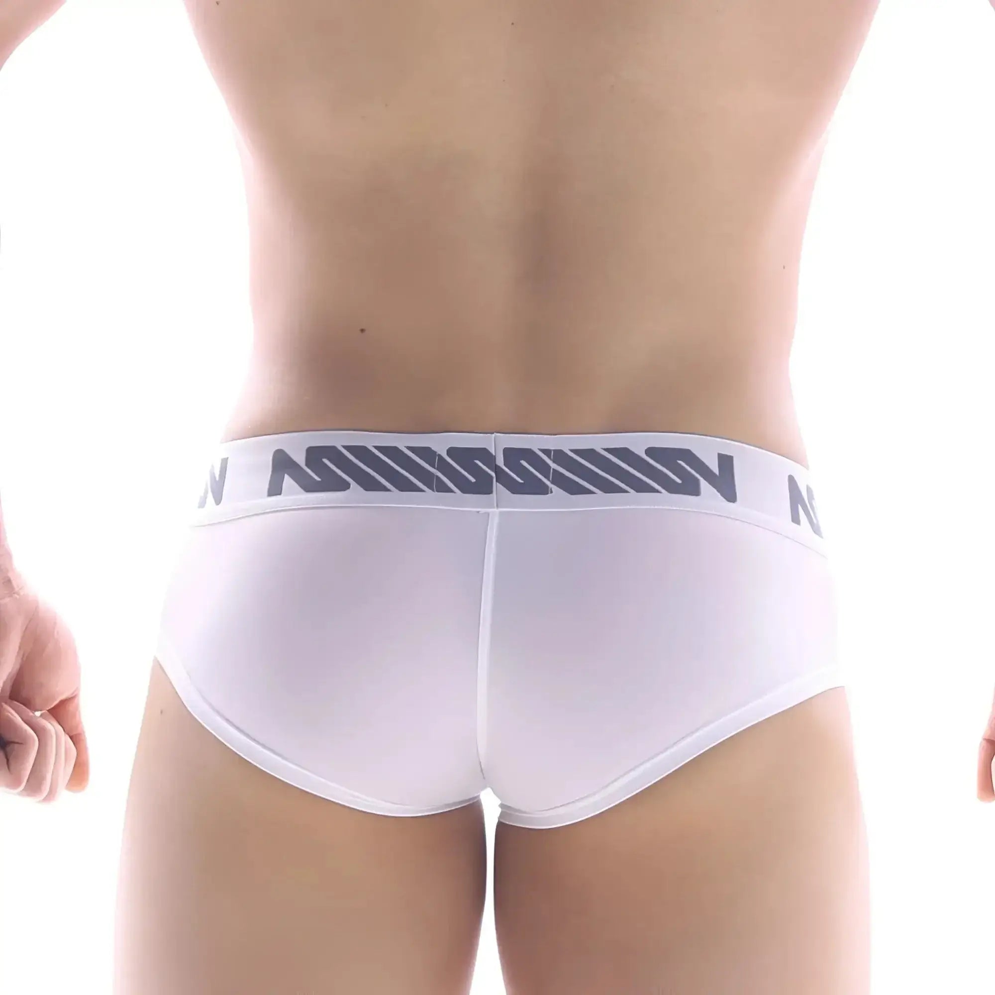 White briefs with gray logo waistband from metromalewear mini cheek boxer 2025-00 for comfortable daily wear