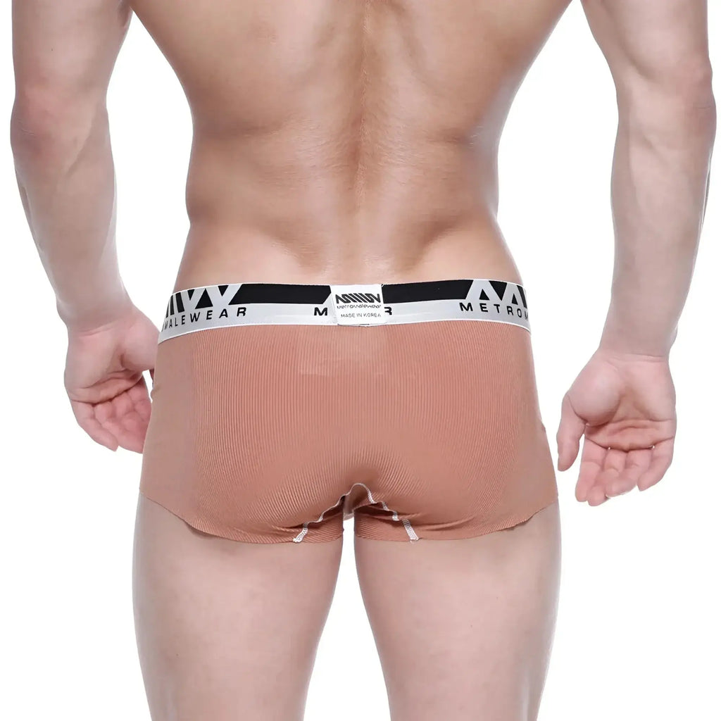 Tan ribbed mens briefs with black and white branded waistband modal seamless trunk by MetroMaleWear