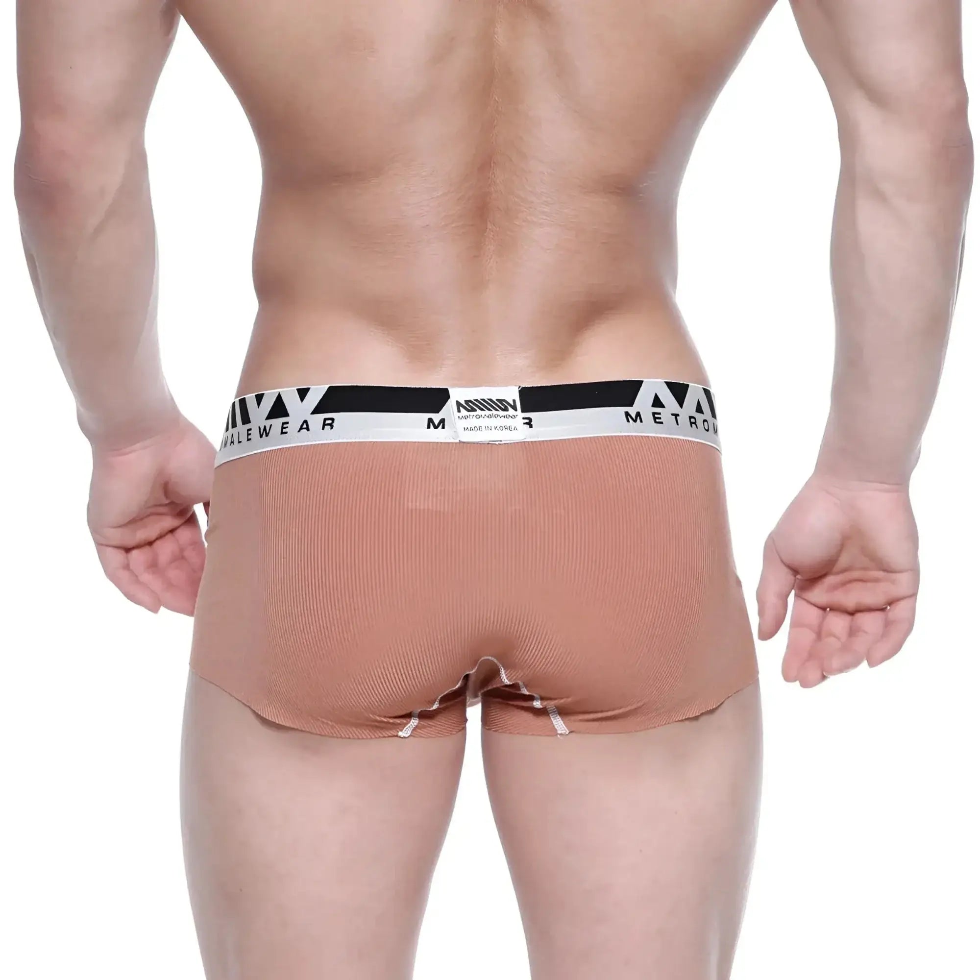 Tan ribbed mens briefs with black and white branded waistband modal seamless trunk by MetroMaleWear