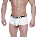 White mens modal seamless trunk with black and silver methomalewear waistband and light blue side stitching