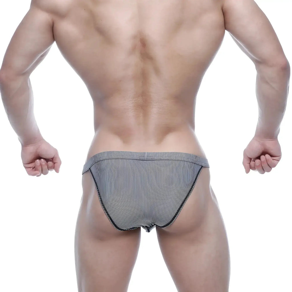 MetroMalewear modern bikini black stripe briefs with snug athletic fit and black and white stripes