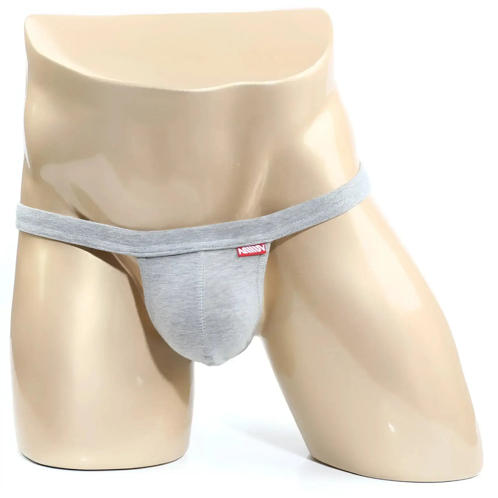 Gray heathered cotton jockstrap with modern pouch and red white metro male wear brand tag on waistband