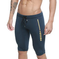 Dark blue metro malewear mojave biker athletic shorts with gold stripe logo and elastic waistband with drawstring