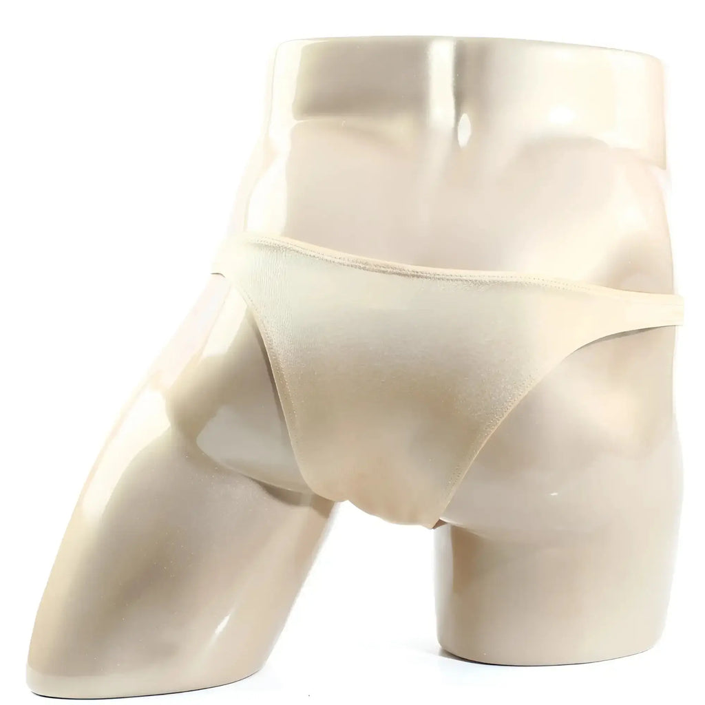 Beige satin thong on a mannequin metroMaleWear Monaco bikini gold 6010-21 front view