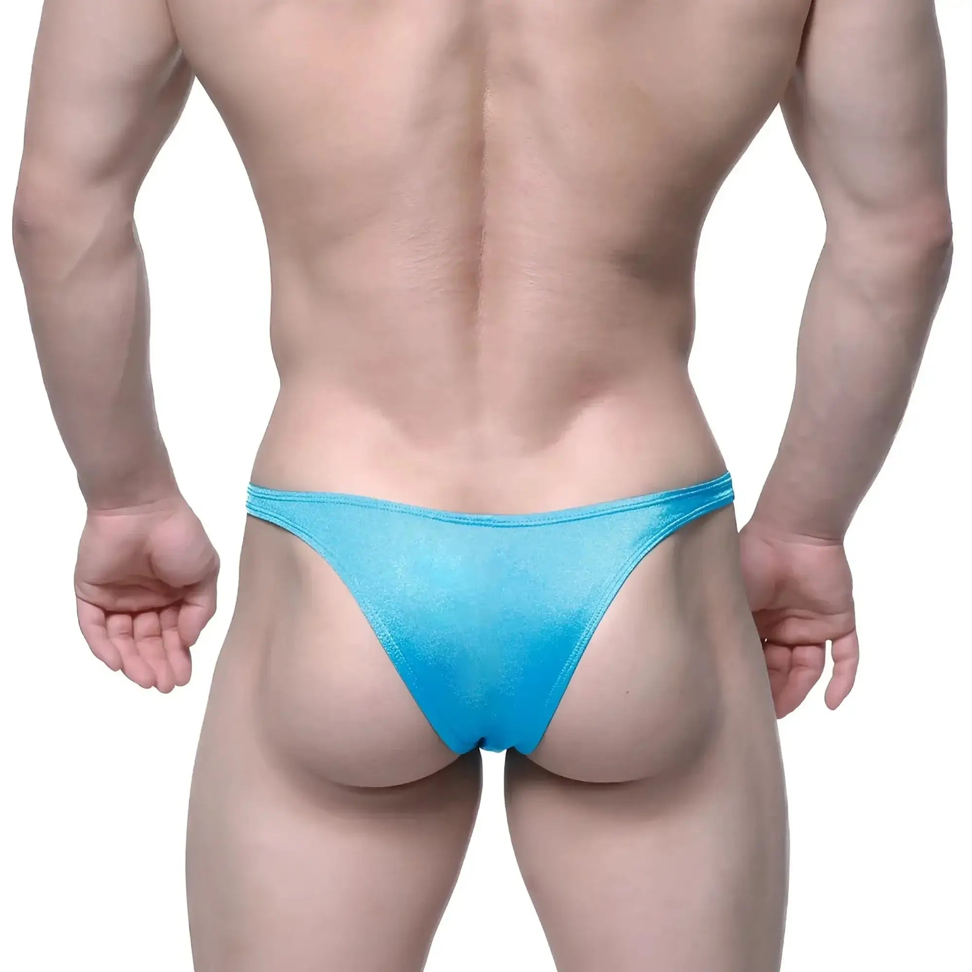 A vibrant blue shimmering fabric thong from MetroMaleWear Monaco Bikini turquoise 6010-08 with a smooth translucent texture