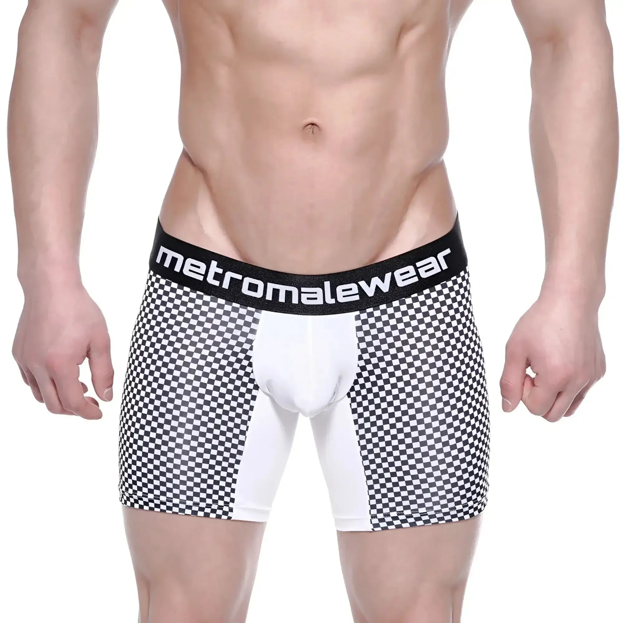 MetroMaleWear mosaic mid boxer 10 inch black and white checkered briefs with solid white panel and branded waistband