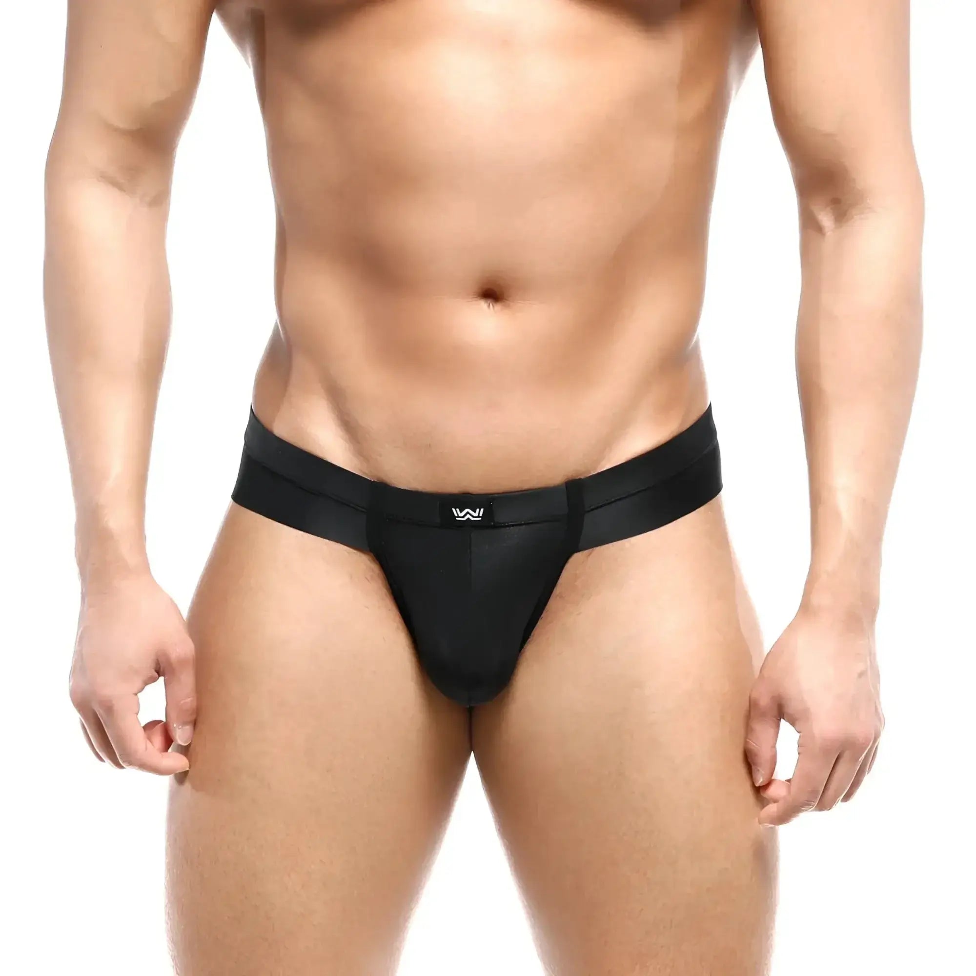 Black men’s thong with sleek minimalist design and small white logo on waistband metro male wear naked bikini black