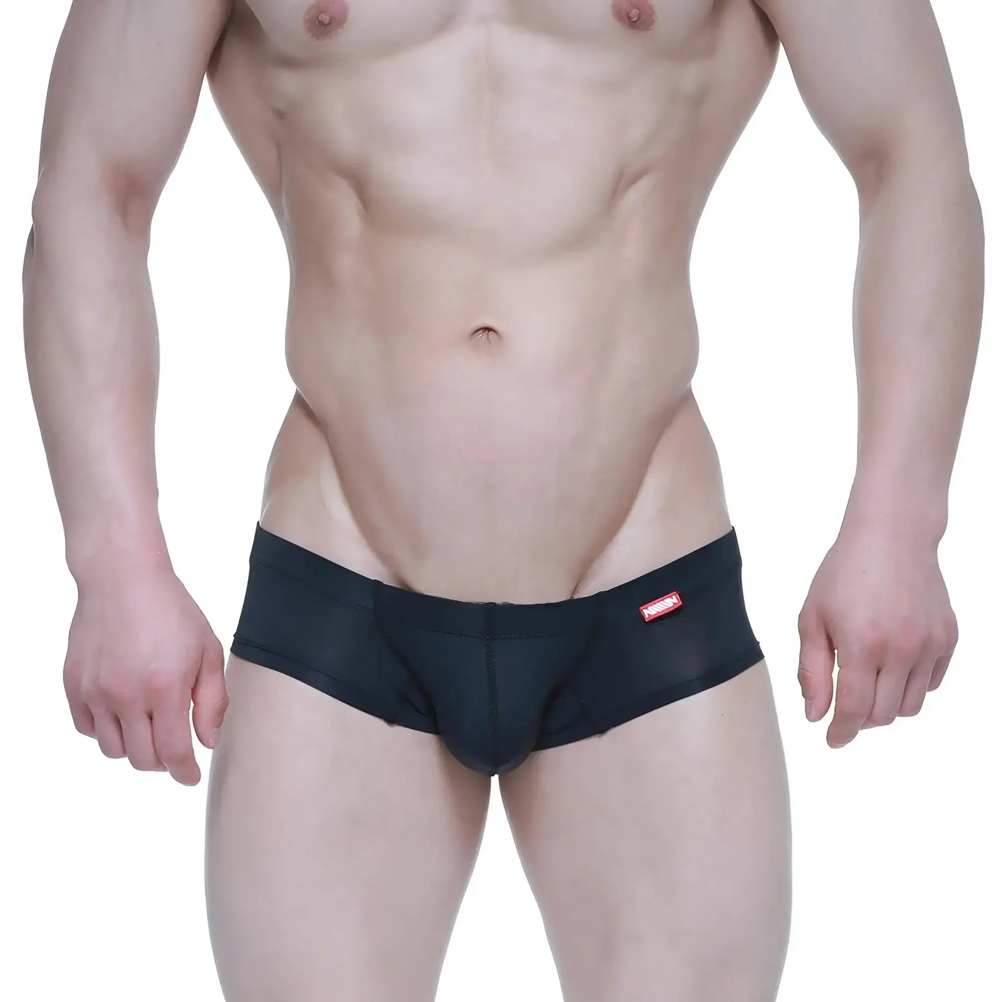 Black mesh briefs with a red brand tag on the waistband from MetroMaleWear nano short boxer black 7113-20