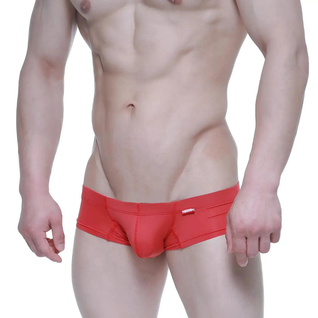 Red metro malewear nano short boxer briefs with snug fit and small brand tag on waistband