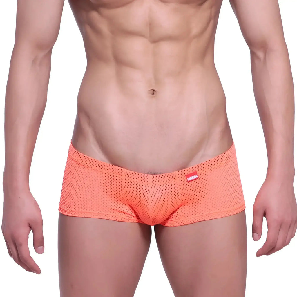 Orange mesh briefs with a red and white logo on the waistband from metromalewear neon boxer 1222-14 collection