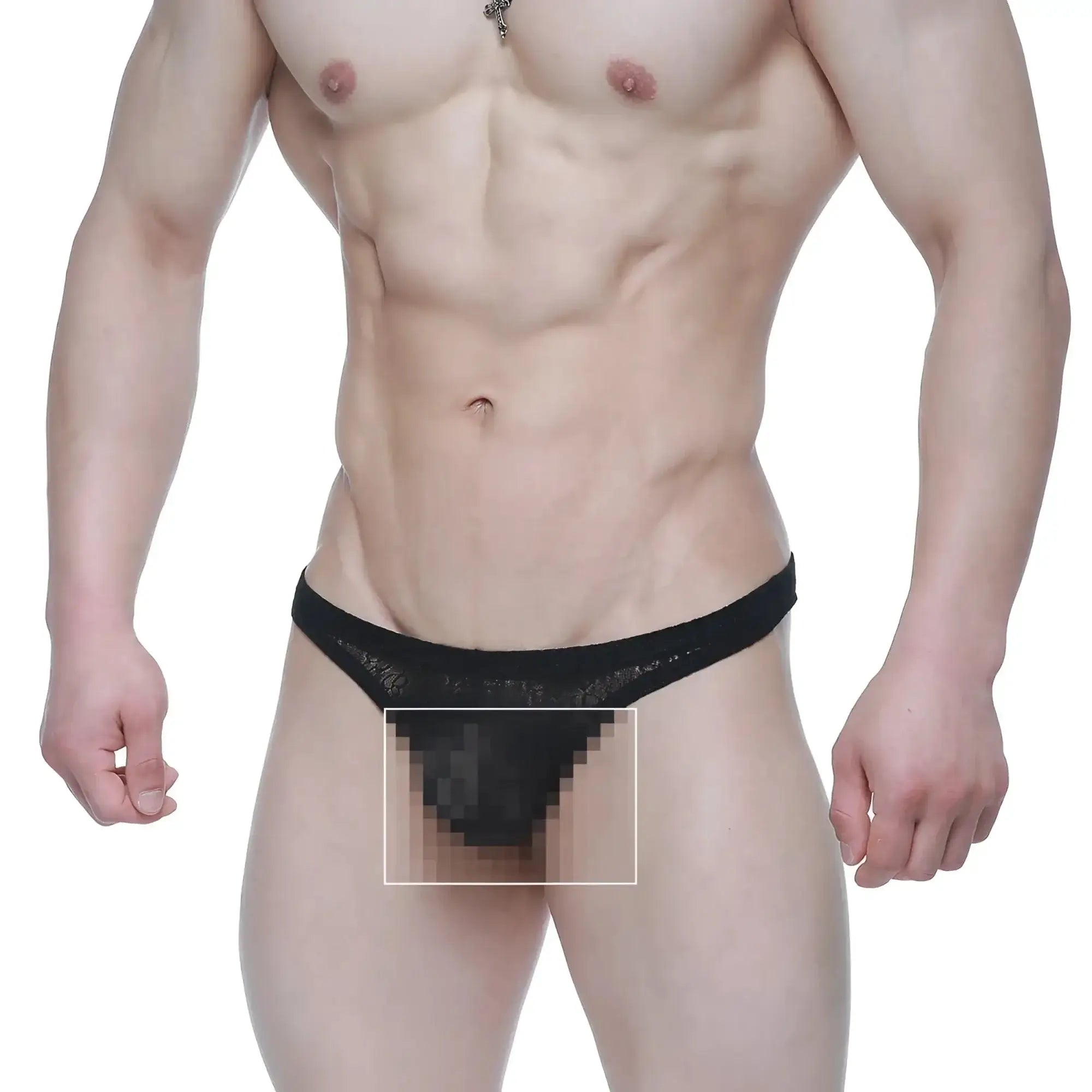 Black lace thong with sheer patterned design from MetroMaleWear net G lace black 1122-70, front view