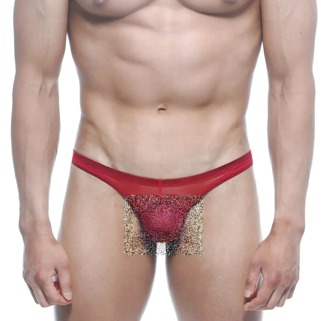 MetroMaleWear net g red mesh thong with glittery textured center panel in vibrant red color