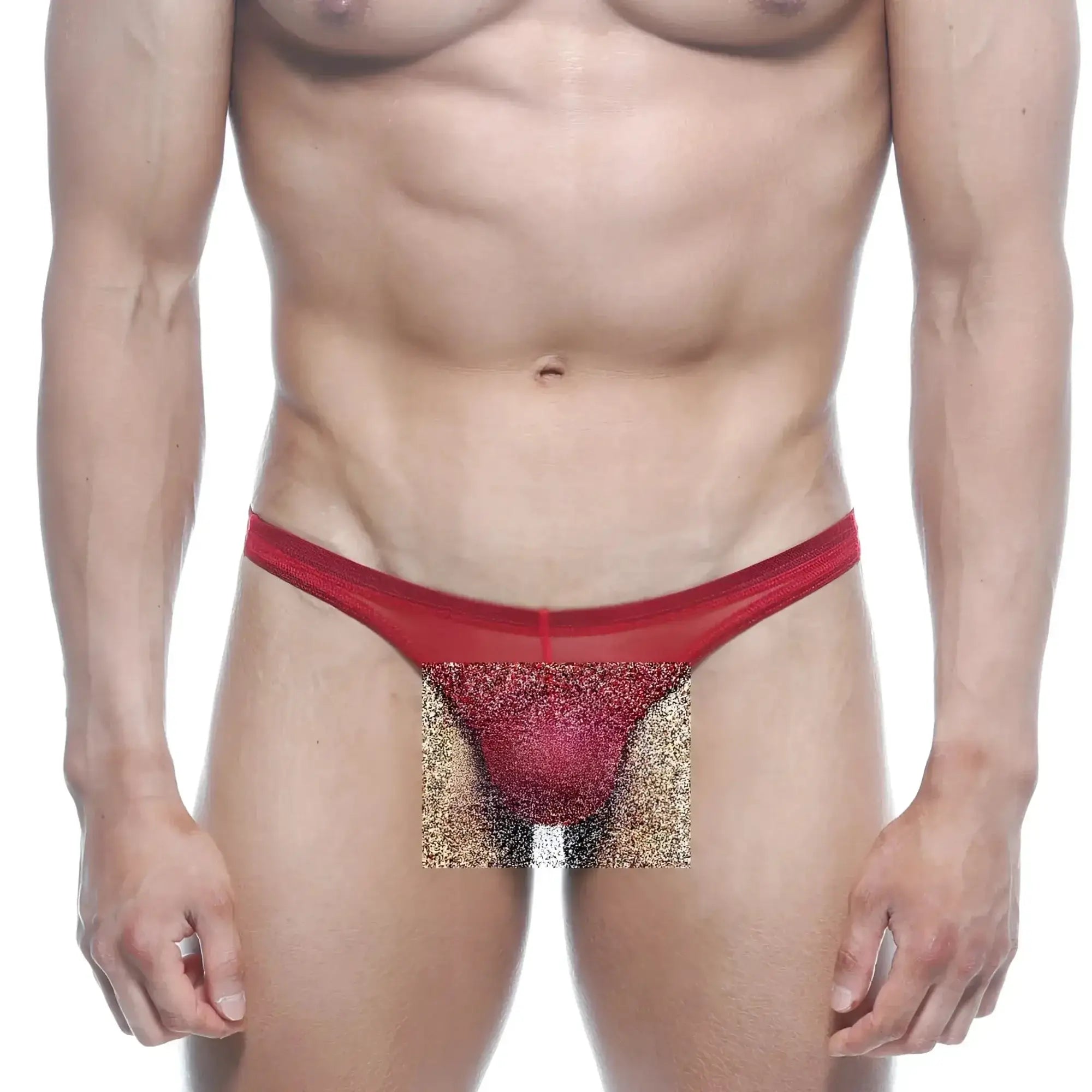 MetroMaleWear net g red mesh thong with glittery textured center panel in vibrant red color