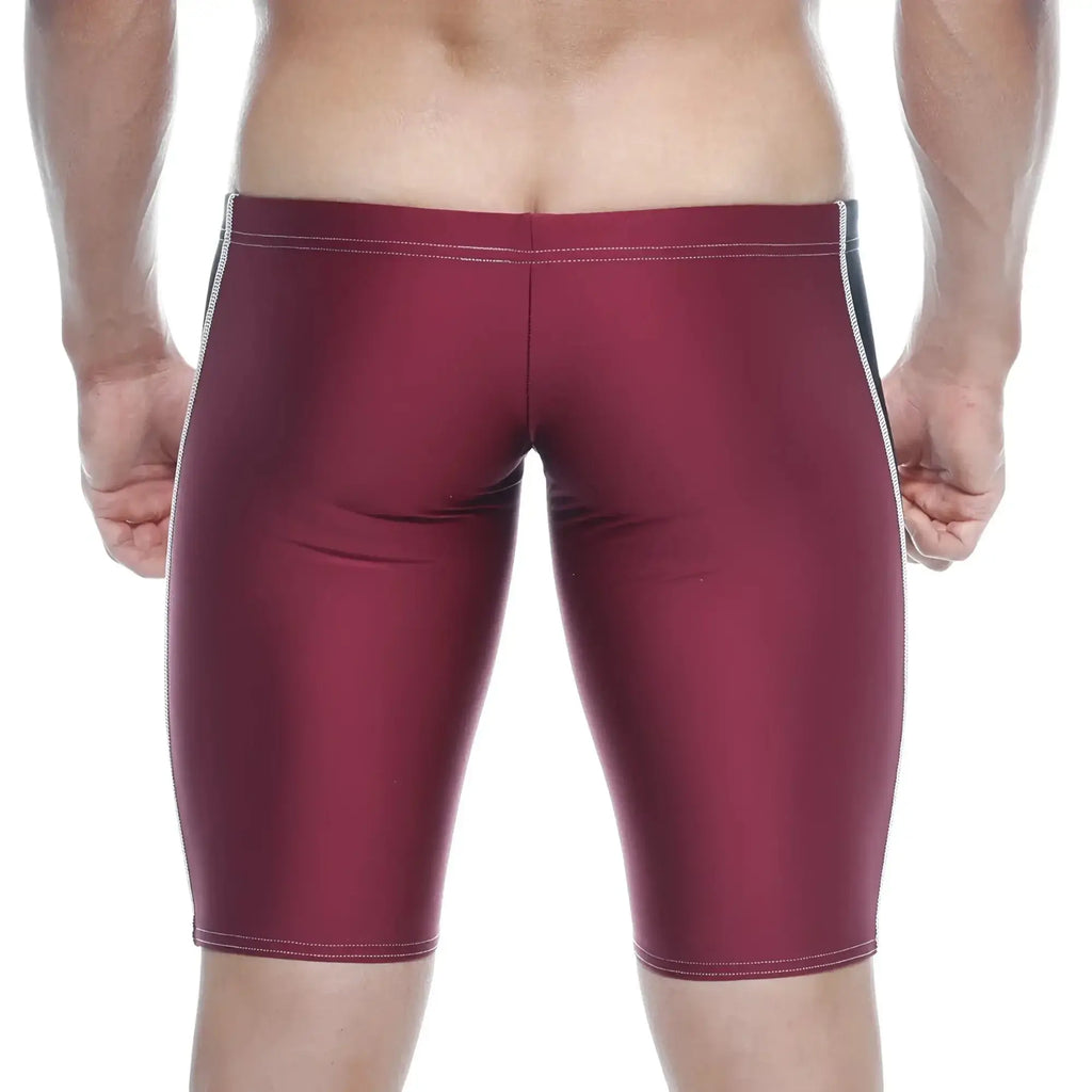 Metro male wear new jammer swim boxer burgundy maroon swim trunks with white and black side stripes