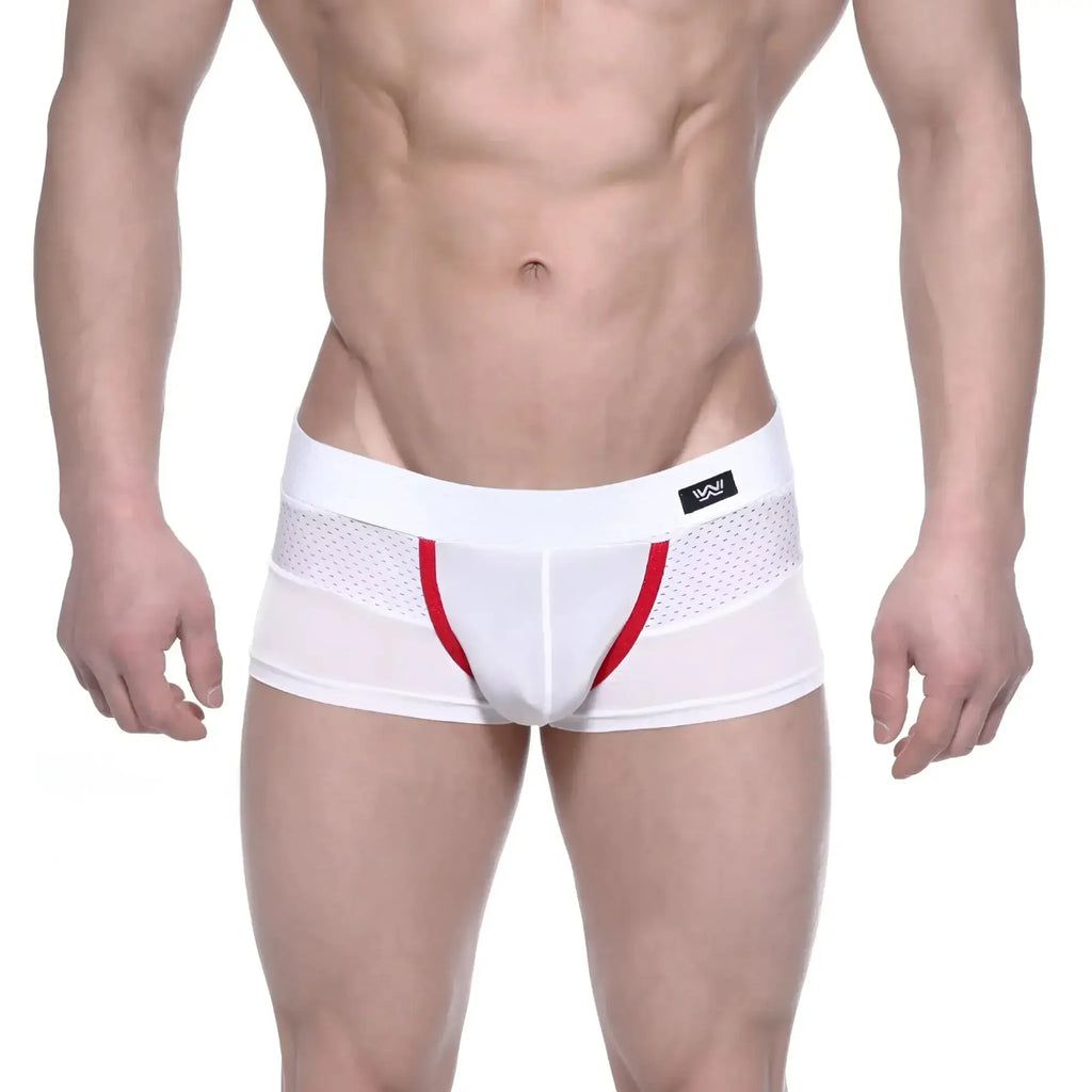 White athletic briefs metro malewear noto trunk with red trim mesh side panel and black logo tag