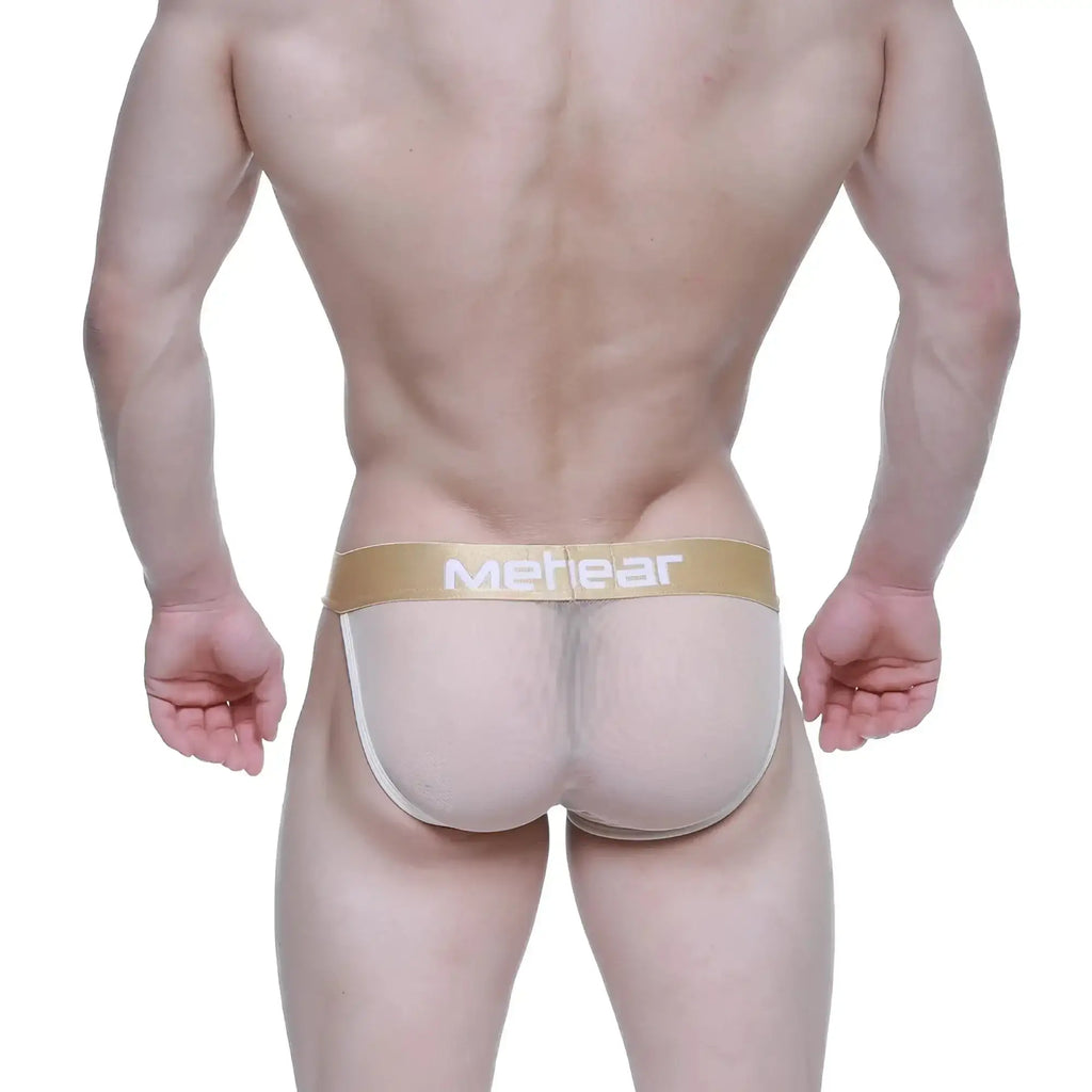 Beige mesh briefs with gold metear logo waistband from metromalewear nude bikini 3004-33 product line