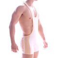 White and beige MetroMaleWear Olympian singlet 2094-00 with sleek athletic design for wrestling use