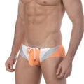 MetroMalewear olympian swim brief orange 4905-14 features orange white and silver striped fabric with drawstring closure