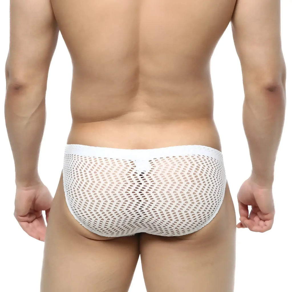 Metro male wear onda bikini white mesh briefs with small evenly spaced holes for breathable comfort