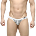 MetroMaleWear Onda bikini white mesh briefs with geometric pattern and black logo on waistband front view