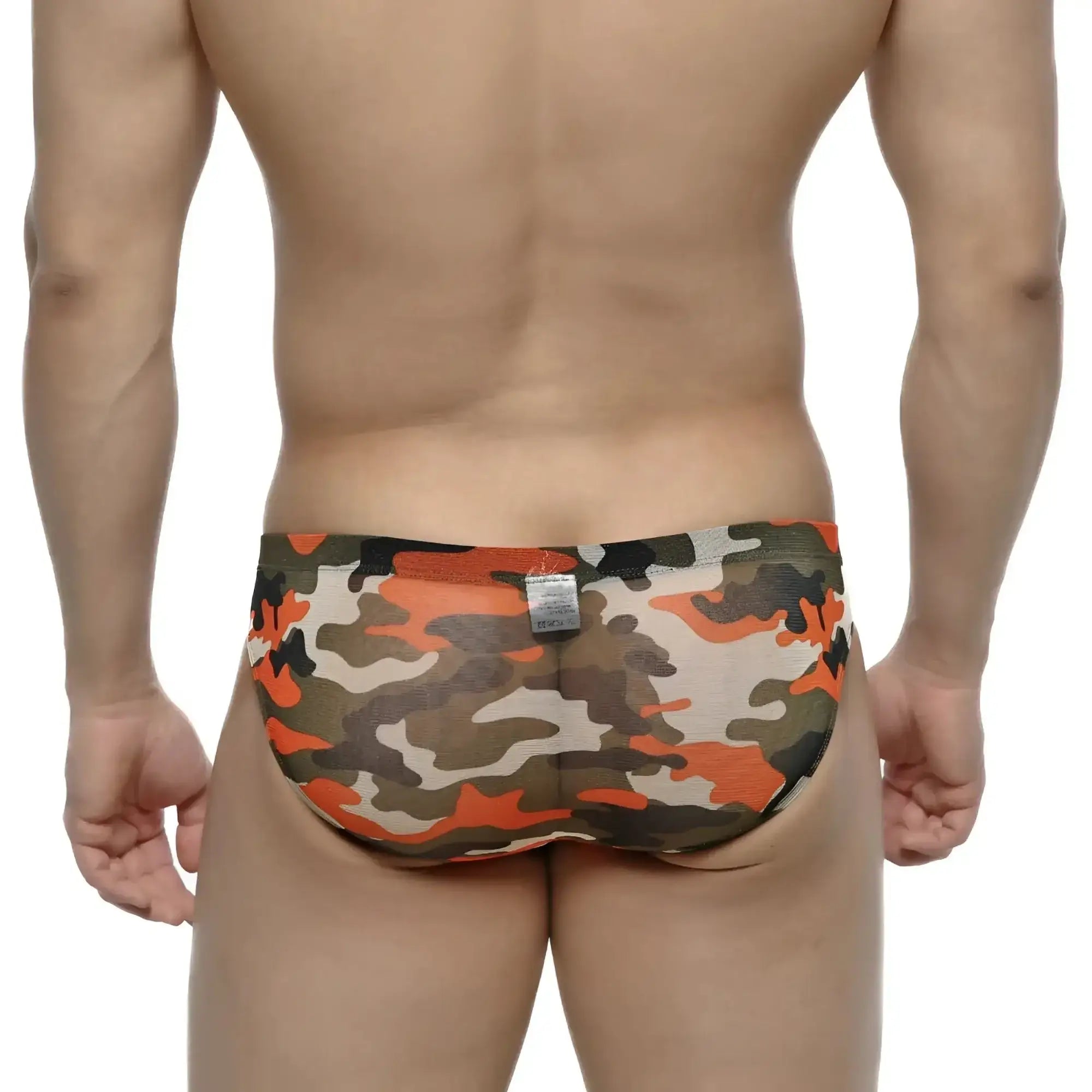 MetroMaleWear orange camo hip brief 5103-80 in orange green and beige stretchy camouflage fabric