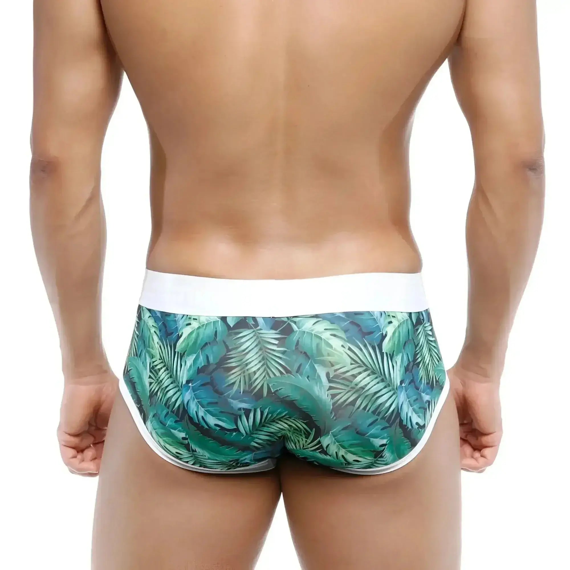 MetroMalewear oriental brief jungle 5005-09 tropical leaf patterned men’s briefs with white waistband and trim