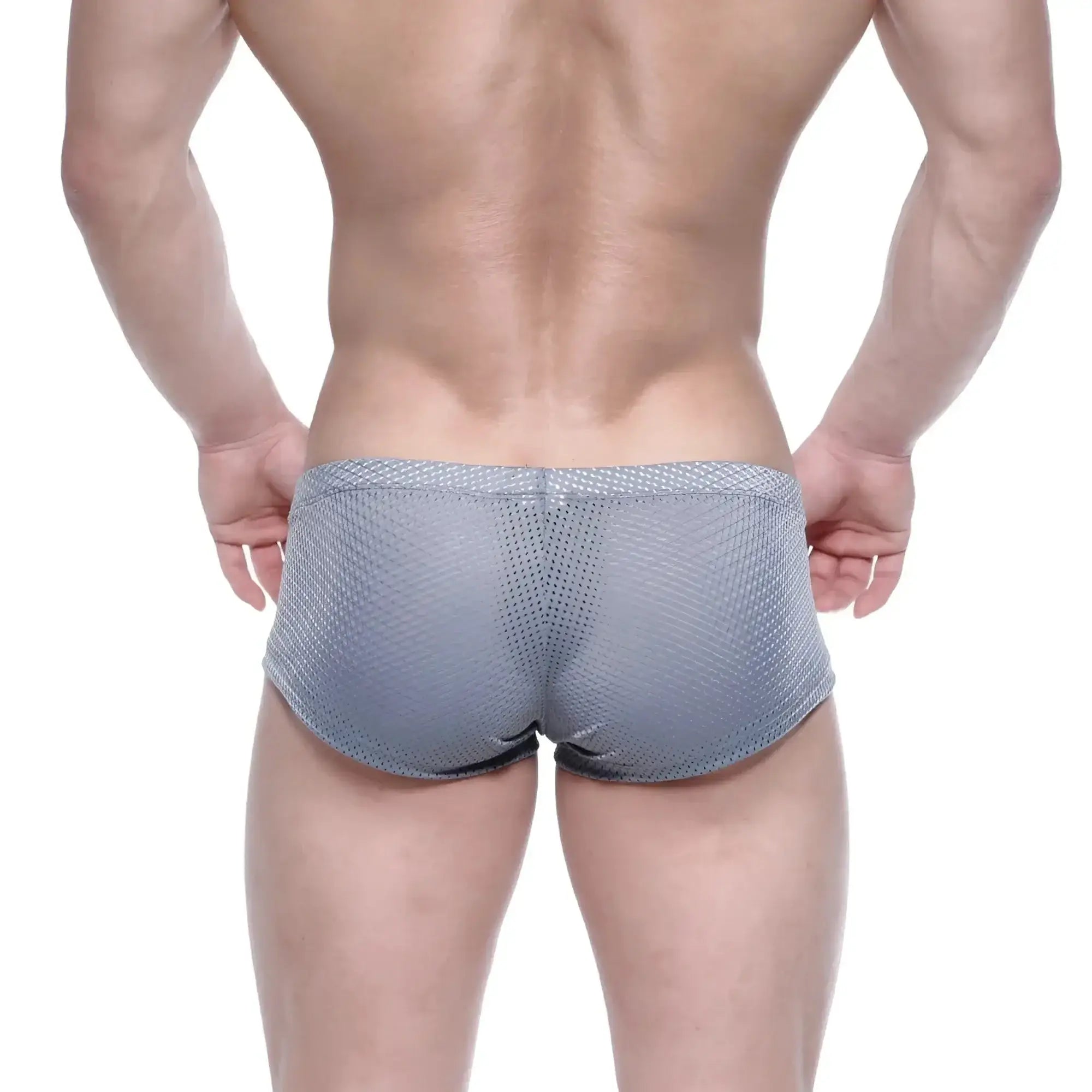 Metro male wear oscar boxer gray mesh briefs with subtle pattern and black trim in front view