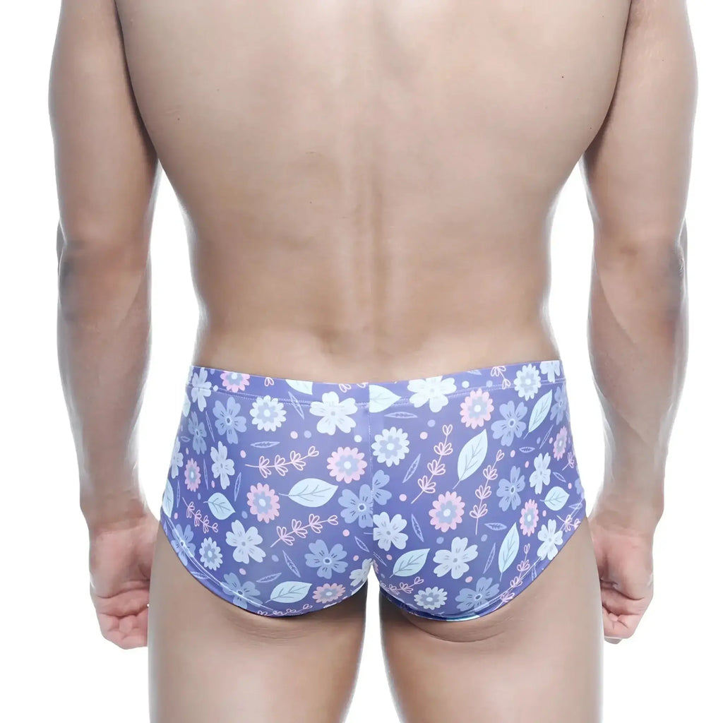 MetroMaleWear Oscar boxer Jardin 2125-44 purple floral swim trunks with pink white blossoms on soft stretchy fabric