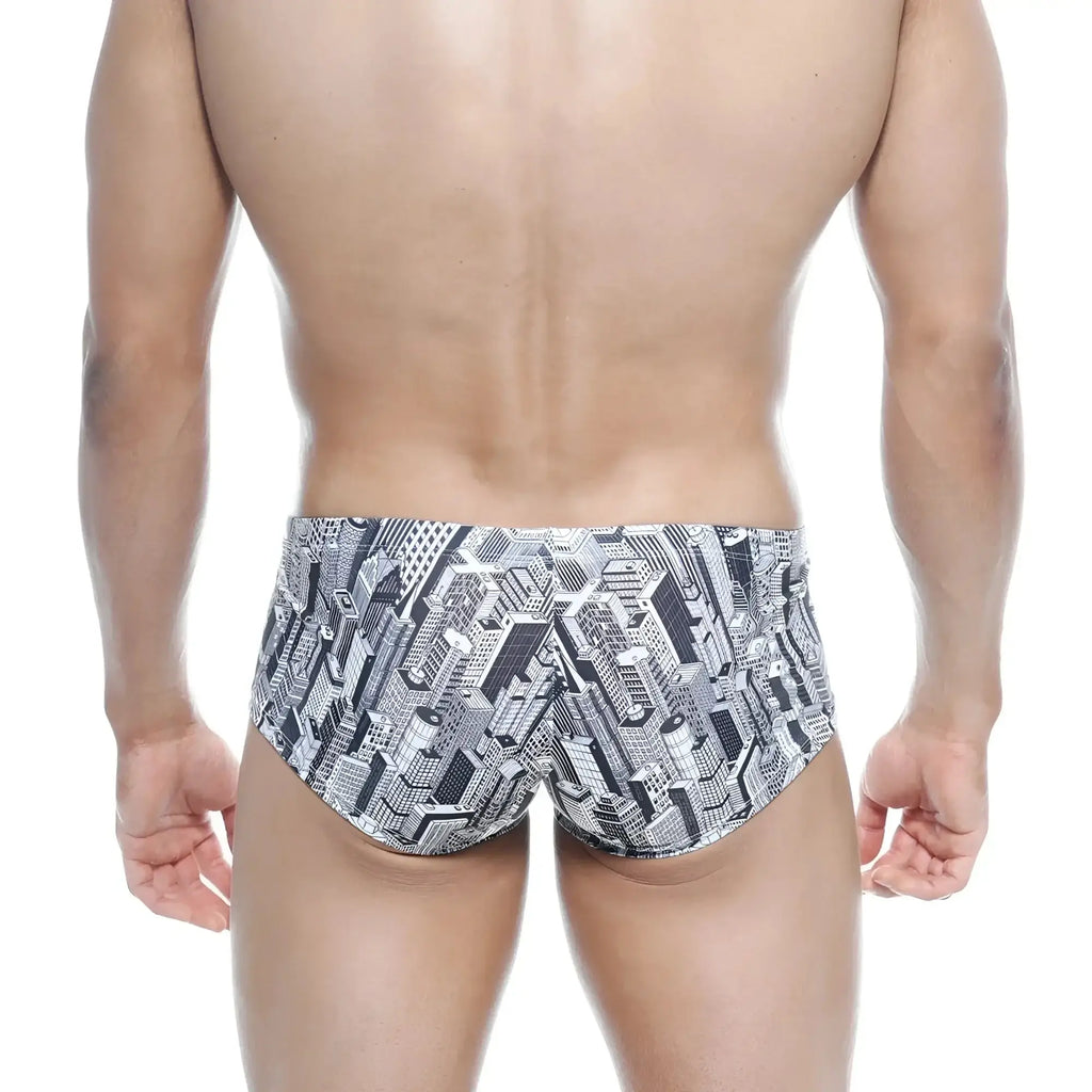 Black and white graphic swim trunks with detailed cityscape pattern by MetroMaleWear Oscar Boxer Metro 2125-48