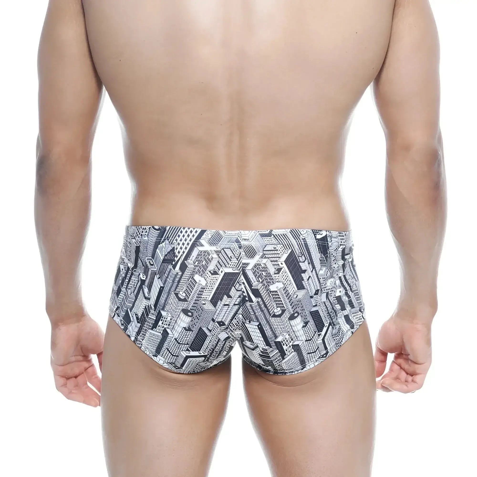 Black and white graphic swim trunks with detailed cityscape pattern by MetroMaleWear Oscar Boxer Metro 2125-48