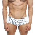 White swim trunks with bold gray abstract leaf pattern and black metro male wear logo on waistband front view