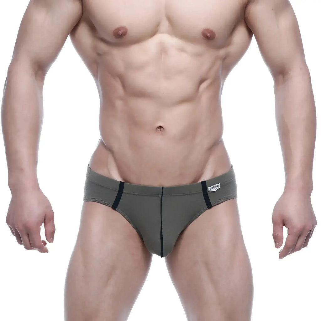 Olive green metro malewear oslo hip brief with black trim and white brand tag on waistband for athletic wear