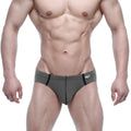 Olive green metro malewear oslo hip brief with black trim and white brand tag on waistband for athletic wear