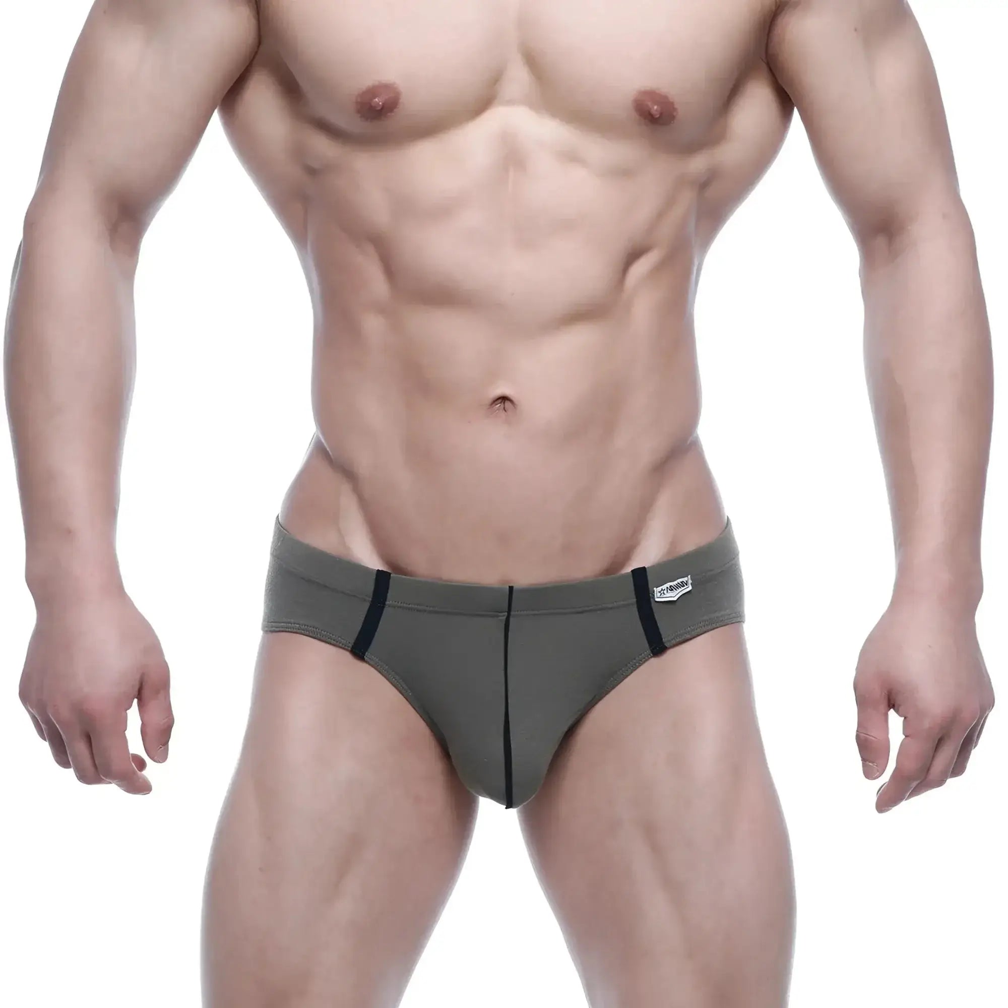 Olive green metro malewear oslo hip brief with black trim and white brand tag on waistband for athletic wear