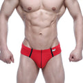 Red MetroMaleWear Oslo hip brief with black side stripes and white brand tag on waistband for athletic use